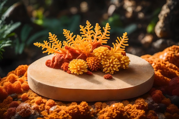 Composição cosmética do pódio de pedra amarela redonda com corais laranja nos materiais hiper-realistas da floresta