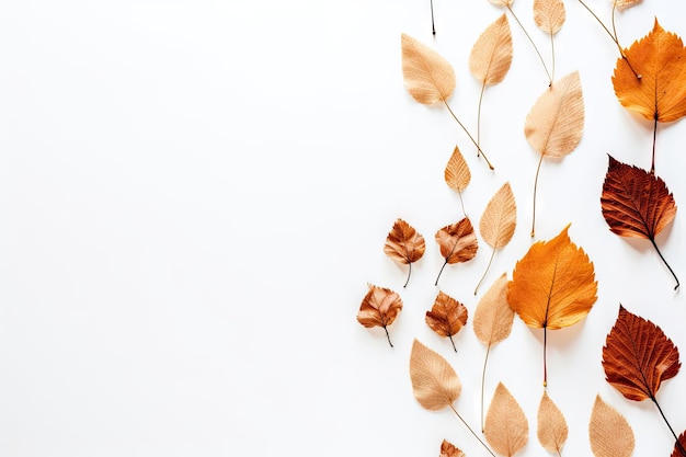 Composição criativa com tema de outono de folhas secas em um fundo branco representando o conceito de outono