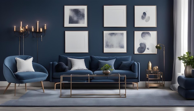 composição criativa de design de interiores de sala de estar moderna com sofá azul glamour