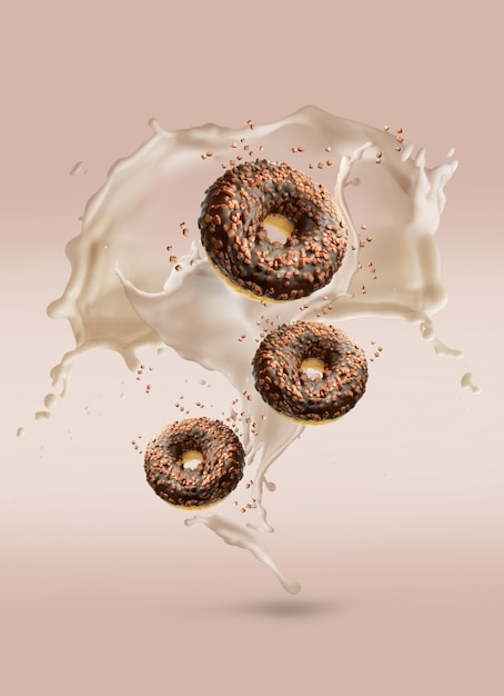 Composição criativa de donuts voadores com salpicos de creme