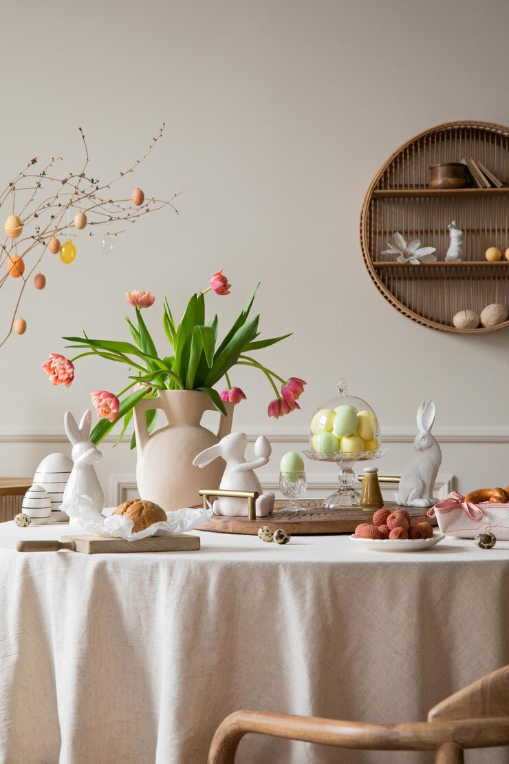 Foto composição criativa do interior da sala de jantar primavera páscoa com vaso de mesa redonda com tulipas ovos coloridos traço de madeira pão coelhinho da páscoa escultura e acessórios pessoais decoração para casa template