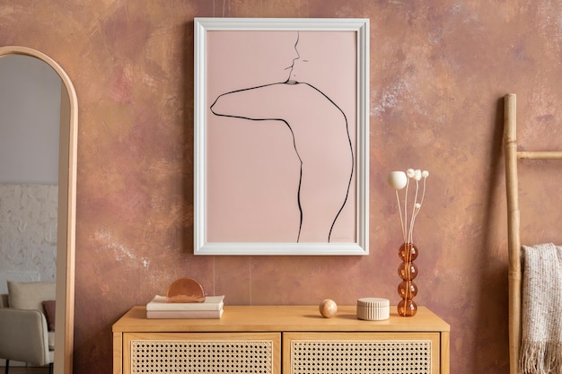 Composição criativa sala de estar vintage com cômoda de vime castiçal xadrez com espelho de vela e pôster minimalista Acessórios elegantes Cartaz simulado Modelo