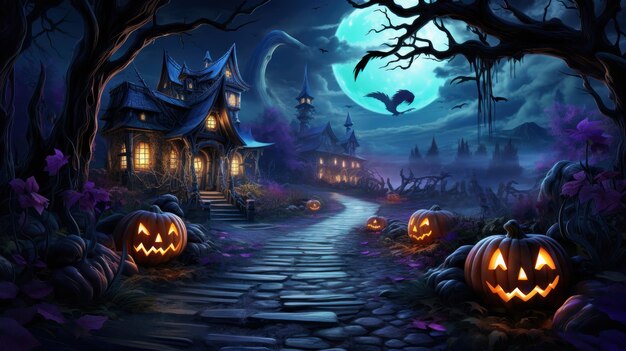 Composição da lua noturna de Halloween com abóboras brilhantes, castelo vintage e morcegos voando sobre