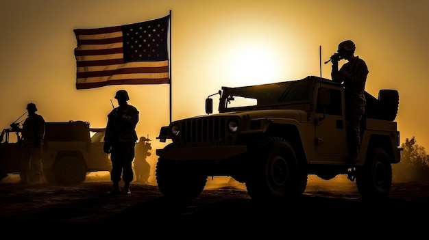 Composição da silhueta do soldado saudando contra o céu do pôr do sol com bandeira americana ondulante gerada por IA