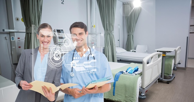 Composição da tela com dados médicos e ícones sobre médicos masculinos e femininos sorridentes