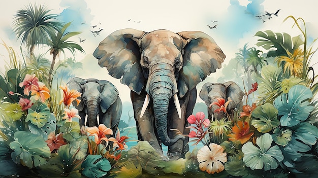 Composição de aquarela com animais africanos e elementos naturais Elefante girafa macacos papagaio