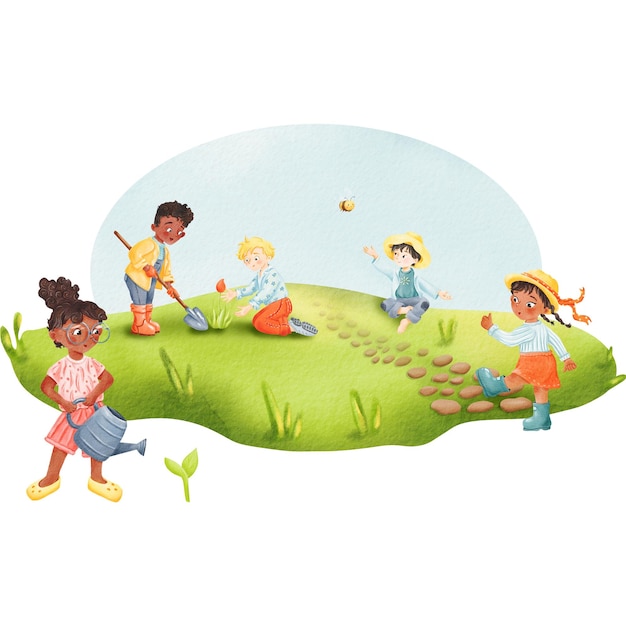 Composição de aquarela crianças em um prado Meninas e meninos estilo de desenho animado jardinagem diversidade