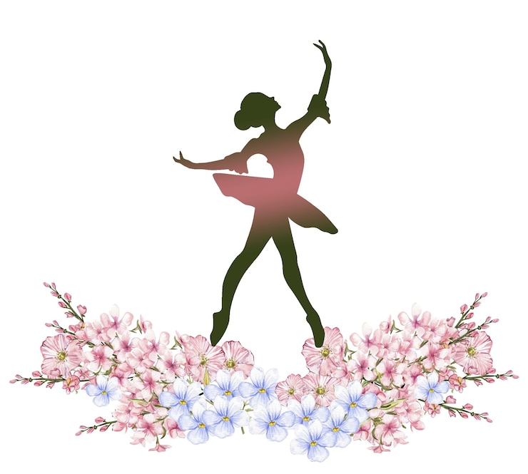 Foto composição de bailarina dançando com flores pose de performance de balé clássico desenhada à mão