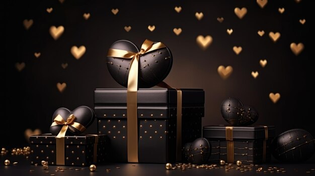 Foto composição de caixas de presente de são valentim com elegantes elementos pretos e dourados festivo de luxo ia generativa