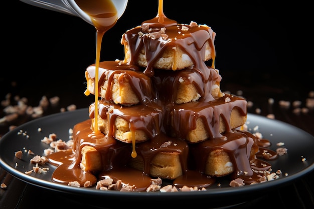 Composição de chocolate com nozes caramelo e leite Bela sobremesa de chocolate IA generativa