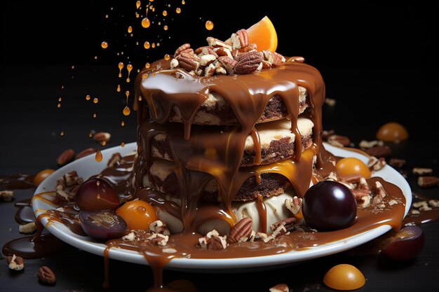 Foto composição de chocolate com nozes caramelo e leite bela sobremesa de chocolate ia generativa