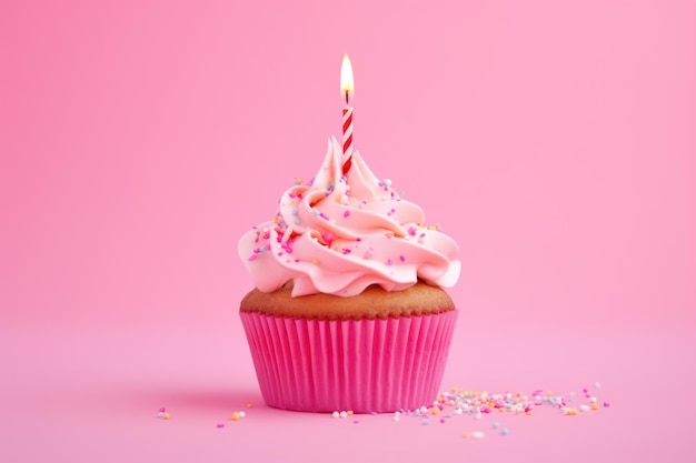 Composição de cupcake de aniversário em fundo rosa