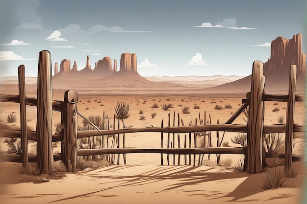 composição de desenho animado do oeste selvagem com paisagem ao ar livre do deserto com botas de cowboy e chapéu