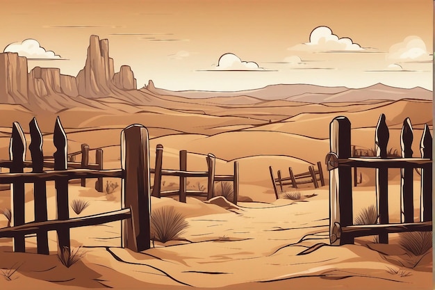 composição de desenho animado do oeste selvagem com paisagem ao ar livre do deserto com botas de cowboy e chapéu