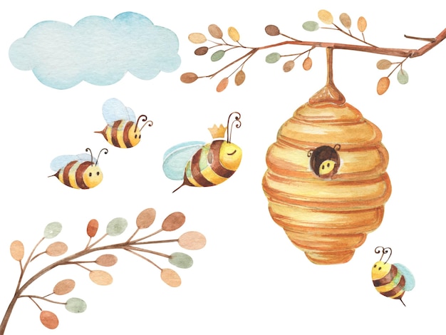 Composição de desenho animado em aquarela com abelha na coroa e seus amiguinhos.