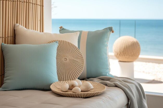 Composição de design de interiores mediterrâneo com travesseiros conceito minimalista
