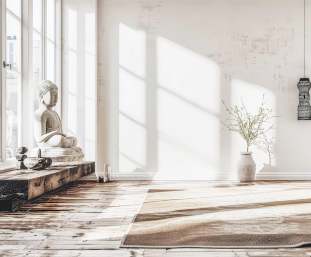 Composição de design de interiores minimalista em uma sala brilhante com decoração escandinava e zen Interiores domésticos em um estilo luxuoso