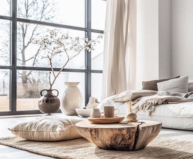Composição de design de interiores minimalista em uma sala brilhante com decoração escandinava e zen Interiores domésticos em um estilo luxuoso