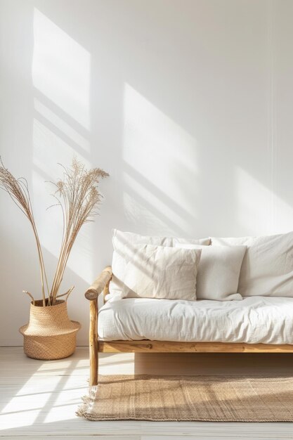 Composição de design de interiores minimalista serena com um sofá e um vaso com flores secas
