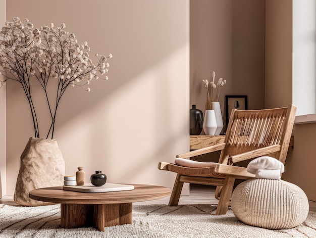 Composição de design de interiores zen minimalista em tons limpos com elementos naturais e iluminação de janelas Interiores serenos relaxantes espaços de meditação