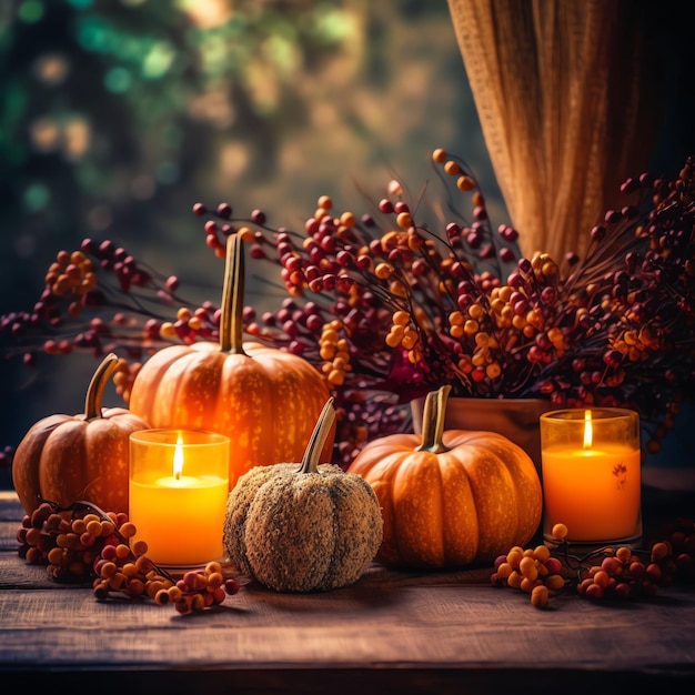Foto composição de dia de ação de graças ou de outono com folhas de laranja de abóbora ou frango alimentação de ações de graças