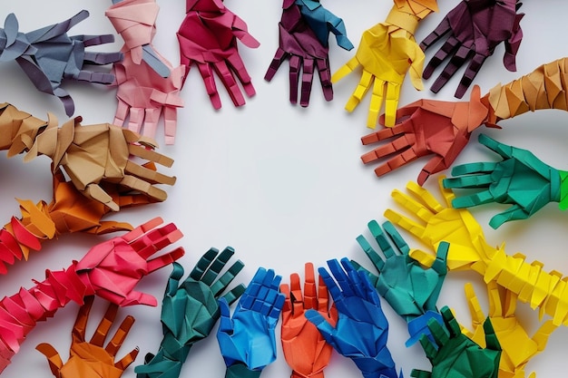 Composição de diversidade de mãos de papel de diferentes cores com coração de arco-íris
