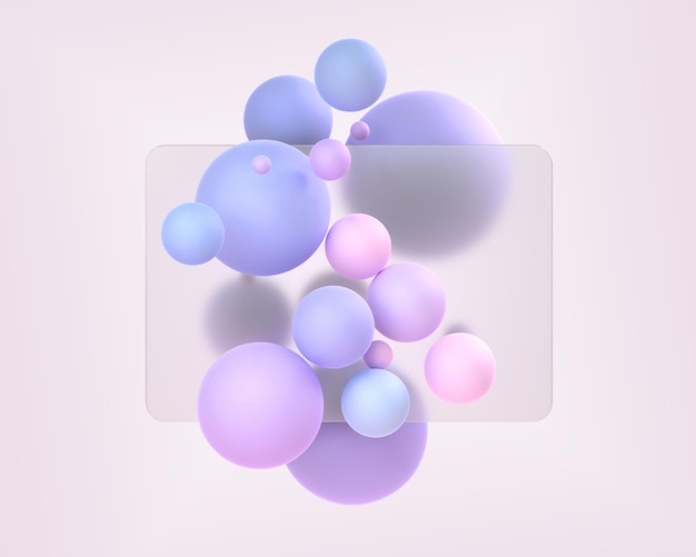 Foto composição de estilo de vidromorfismo renderização 3d placa de vidro fosco com efeito de desfoque e esferas coloridas no fundo design de interface do usuário do painel de retângulo acrílico translúcido para interface da web