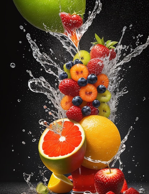 Composição de explosão de suco de fruta realista com frutas em fundo preto em branco