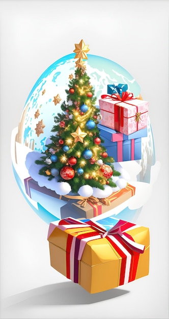 Composição de férias de Natal em um fundo branco Presentes coloridos Árvore de Natal