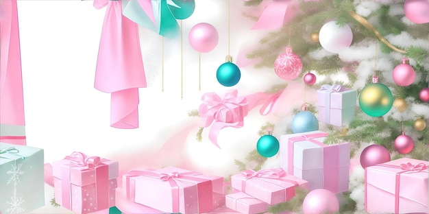 Composição de férias de Natal Árvore de Natal decorada e presentes em rosa e verde