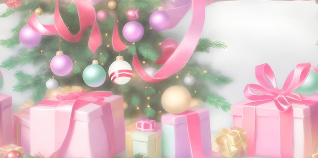 Composição de férias de Natal Árvore de Natal decorada e presentes em rosa e verde