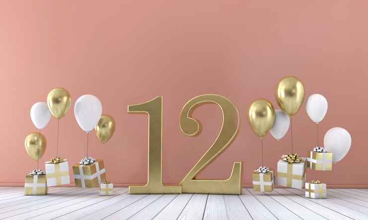 Foto composição de festa de aniversário número 12 com balões e caixas de presente 3d rendering