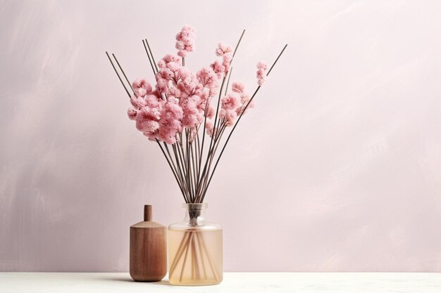 Composição de flores artificiais cor-de-rosa palitos de incenso em um vaso de vidro com óleo essencial natureza morta