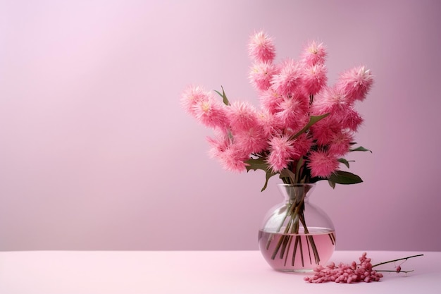 Composição de flores artificiais cor-de-rosa palitos de incenso em um vaso de vidro com óleo essencial natureza morta