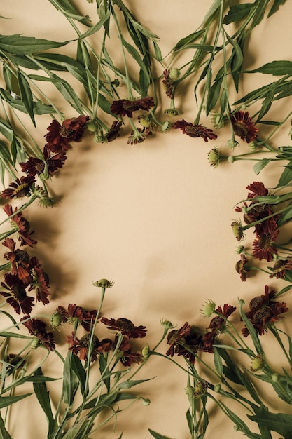 Composição de flores Coroa de flores em fundo amarelo pêssego neutro Espaço de cópia de vista superior plano Modelo de maquete do Dia das Mães do Dia dos Namorados