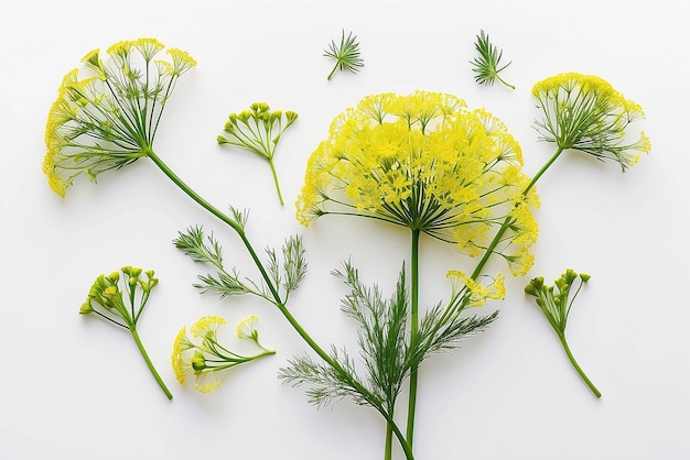 Composição de flores de guarda-chuva de enredo em um fundo branco Vista superior plana Layout criativo Arranjo floral bonito