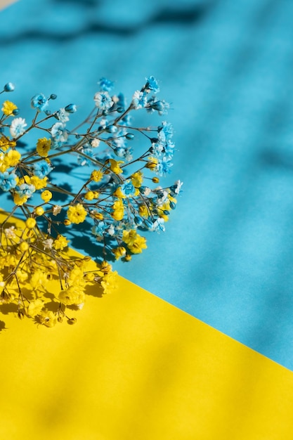 Composição de flores e papel colorido em cores ucranianas azuis amarelas com espaço para cópia