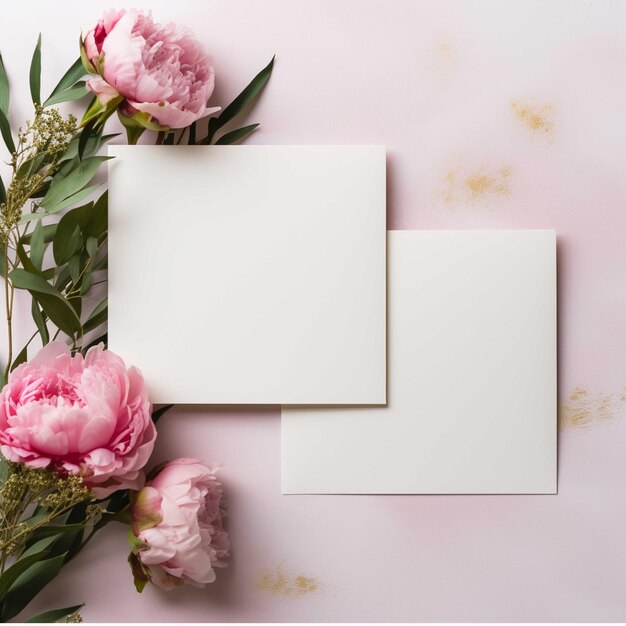 Foto composição de flores envelope de cartão em branco e flores de peônia em fundo rosa pastel