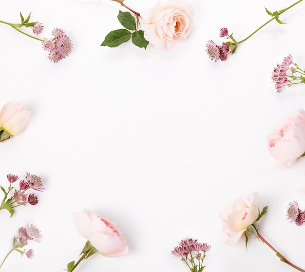 Composição de flores festivas na visão aérea de fundo branco