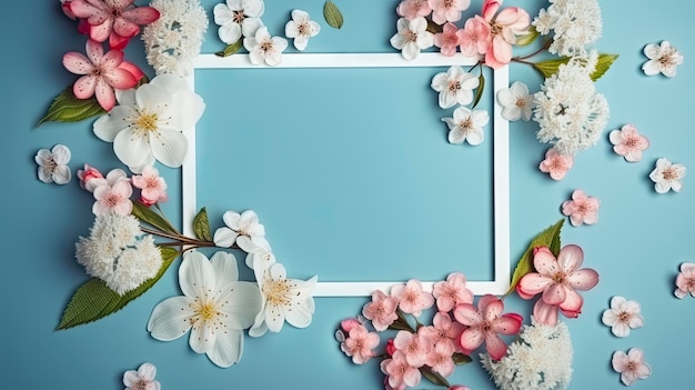 Composição de flores Flores multicoloridas em fundo azul pastel Primavera conceito de páscoa Vista superior plana cópia espaço ai generativo