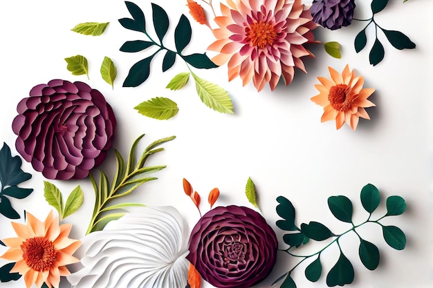 Composição de flores Padrão de quadro feito de diferentes flores secas e folhas em fundo branco Espaço de cópia de vista superior plana