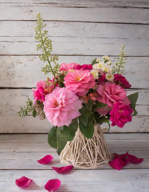 Composição de flores para o dia dos namorados, dia da mãe ou dia da mulher flores cor-de-rosa em madeira branca velha