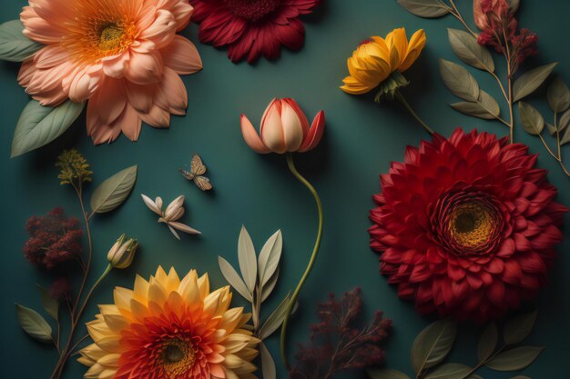 Composição de flores Vista plana de cima fundo floral padrão floral generativo ai