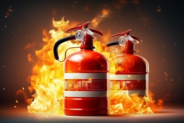 Composição de fogo realista com emblemas de venda de fogo quente chama de chama e extintor de fogo