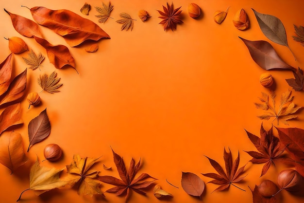 Foto composição de folhas secas colocadas planas com espaço livre para copiar fundo de papel laranja