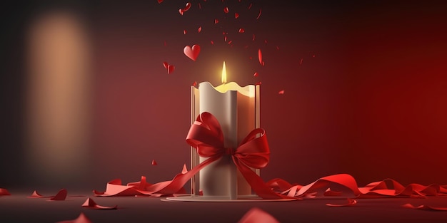 Composição de foto romântica com fita de corações voadores de vela acesa e um fundo vermelho