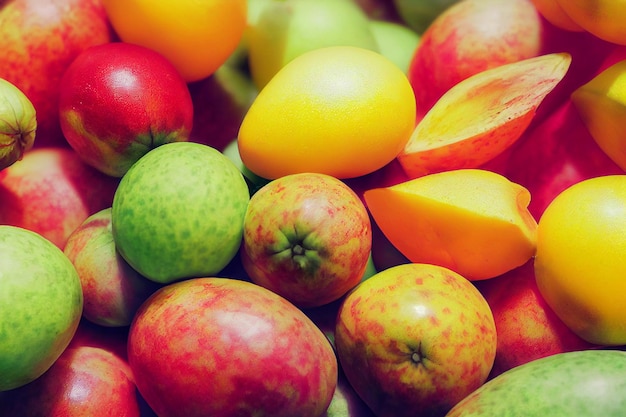 Composição de frutas Laranjas fatiadas, peras, maçãs, deitadas na superfície