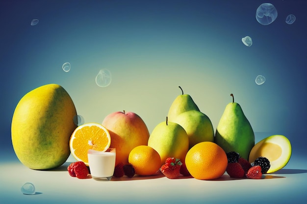 Composição de frutas na mesa Copo de iogurte deitado frutas peras maçãs morangos laranja