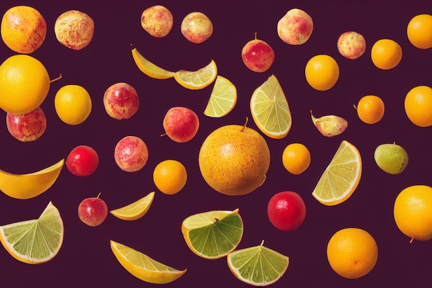 Composição de frutas Queda de frutas fatiadas laranjas maçãs de limão voando no ar