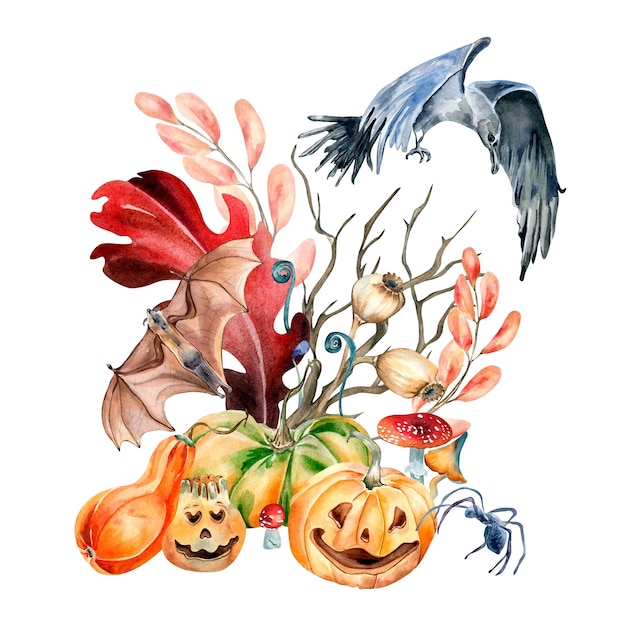 Composição de Halloween com ilustração de aquarela de plantas coloridas isolada em branco